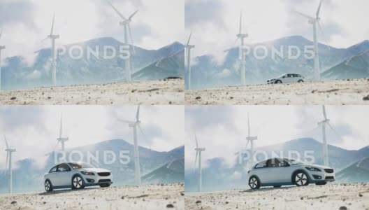 在风力涡轮机背景下的电动汽车3D渲染高清在线视频素材下载