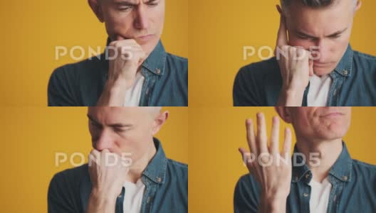一个沉思的男人站在工作室里触摸自己脸的特写镜头高清在线视频素材下载