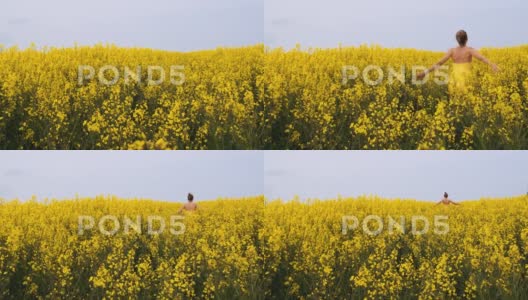 稳定拍摄的油菜种植园和一位穿着黄色夏装的女性期待着高清在线视频素材下载