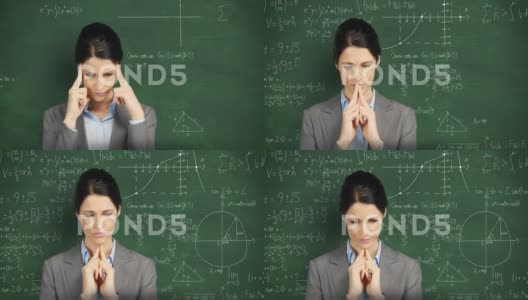 女人在移动数学计算的黑板前思考高清在线视频素材下载