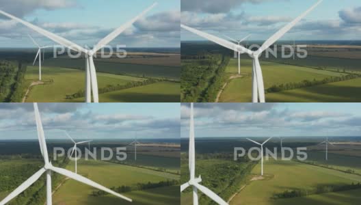 旋转风力涡轮机的特写镜头，风力涡轮机停放在高清在线视频素材下载
