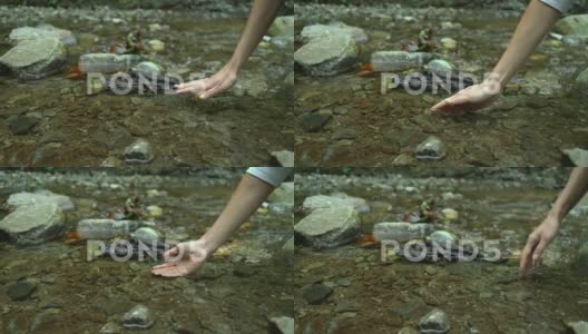 女人手触摸森林河流或湖泊中的水高清在线视频素材下载